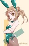  akai_akasaki alternate_costume animal_ears bow bowtie bunny_ears bunny_tail bunnysuit cowboy_shot crossed_arms detached_collar double_bun green_bow green_leotard green_neckwear kantai_collection leotard light_brown_hair long_hair michishio_(kantai_collection) one_eye_closed pantyhose short_twintails solo strapless strapless_leotard tail twintails twitter_username wrist_cuffs yellow_eyes 