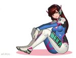  2016 acronym animal_print bad_anatomy bangs blue_bodysuit blunt_bangs bodysuit boots bracer breasts breasts_apart brown_eyes brown_hair bunny_print clothes_writing d.va_(overwatch) dated eyelashes facepaint facial_mark fujoshi_kusako full_body gloves hands_on_own_knees headphones highres knees_up long_hair looking_away medium_breasts overwatch parted_lips pauldrons pilot_suit pink_lips ribbed_bodysuit shoulder_pads simple_background sitting skin_tight smile solo teeth thigh_boots thigh_strap thighhighs turtleneck whisker_markings white_background white_footwear white_gloves 