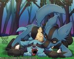  2017 all_fours amber_eyes ambiguous_gender ambiguous_penetration better_version_at_source bite blue_fur doggystyle duo ear_biting eyes_closed forest from_behind_(disambiguation) from_behind_position front_view fur grass half-closed_eyes looking_pleasured lucario lying male male/ambiguous nintendo open_mouth patreon penetration pok&eacute;mon riolu sex tree video_games xnirox 