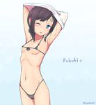  alternate_costume arms_up bikini black_hair blue_eyes blush breasts censored character_name covered_nipples eyebrows_visible_through_hair fubuki_(kantai_collection) gradient gradient_background highres kantai_collection micro_bikini nakaaki_masashi one_eye_closed ponytail pussy see-through small_breasts solo swimsuit wet 