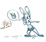  2017 anthro barefoot beverage bluedouble buckteeth clothed clothing cup disney female judy_hopps lagomorph mammal open_mouth open_smile pictographics pointing rabbit restricted_palette simple_background smile speech_bubble standing sweat teeth unseen_character white_background x_eyes zootopia 