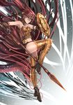  1girl anonamos armor breastplate highres holding holding_weapon polearm pyrrha_nikos red_hair rwby shield solo spear weapon 
