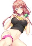  blush breasts brown_eyes brown_hair cocona commentary_request green_scrunchie hair_ornament hair_scrunchie hands_up highres hinako_note large_breasts long_hair looking_at_viewer low_twintails navel open_mouth panties panties_around_one_leg sakuragi_hinako scrunchie shirt_lift simple_background solo teeth twintails underwear white_background 