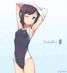  alternate_costume arms_up black_hair blue_eyes breasts character_name competition_swimsuit covered_navel eyebrows_visible_through_hair fubuki_(kantai_collection) gradient gradient_background highres kantai_collection nakaaki_masashi one-piece_swimsuit one_eye_closed ponytail small_breasts solo swimsuit wet 