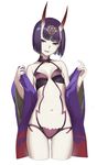  absurdres ass_visible_through_thighs breasts cowboy_shot cropped_legs fangs fate/grand_order fate_(series) feng_ze hair_ornament highres horns looking_at_viewer navel off_shoulder oni oni_horns pale_skin purple_eyes purple_hair revealing_clothes short_hair shuten_douji_(fate/grand_order) simple_background small_breasts smile solo white_background 
