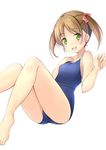  barefoot blue_swimsuit brown_hair competition_school_swimsuit green_eyes highres looking_at_viewer new_school_swimsuit one-piece_swimsuit open_mouth original school_swimsuit shibacha short_hair simple_background solo swimsuit twintails white_background 