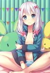  barefoot bow bow_panties breasts eromanga_sensei hair_bow indian_style izumi_sagiri jacket long_hair looking_at_viewer navel open_clothes open_jacket panties pink_bow revision sei000 silver_hair sitting small_breasts smile solo striped striped_panties stuffed_animal stuffed_bunny stuffed_toy underwear 