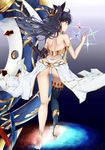  anklet armlet armor ass asymmetrical_legwear asymmetrical_sleeves bangs bare_shoulders barefoot bikini bikini_armor black_hair black_legwear black_ribbon closed_mouth commentary crown earrings elbow_gloves fate/grand_order fate_(series) from_behind gem gloves hair_ornament hair_ribbon highres hoop_earrings ishikane_aoi ishtar_(fate/grand_order) jewelry long_hair long_legs neck_ring red_eyes ribbon single_elbow_glove single_thighhigh smile soles solo space sparkle standing swimsuit thighhighs two_side_up white_bikini 