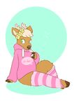  2017 anthro antlers blush brown_fur cat-boots cervine clothed clothing cute deer digital_media_(artwork) english_text flower fur girly green_eyes hair hoodie hooves horn legwear male mammal plant simple_background smile solo sparkles speech_bubble stockings text thick_thighs 