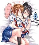  2girls bed_sheet black_hair blush bra brown_hair eyes_closed gleision_adain high_school_fleet hug hug_from_behind lying misaki_akeno multiple_girls munetani_mashiro one_eye_closed open_clothes ponytail red_eyes school_uniform sweat twintails underwear yuri 