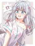  1girl adrenaline!!! bangs blue_eyes blush bow clothes_writing collarbone commentary_request copyright_name dutch_angle eromanga_sensei eyebrows_visible_through_hair grey_hair hair_bow highres izumi_sagiri long_hair looking_to_the_side matsuda_hikari messy_hair nose_blush off_shoulder open_mouth pink_bow shirt short_sleeves solo spoken_interrobang sweat tareme wavy_mouth white_shirt 