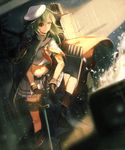  bandolier belt belt_pouch black_gloves black_legwear boots cloak dutch_angle eyepatch gloves green_eyes green_hair hat kantai_collection kiso_(kantai_collection) knee_up kneehighs long_hair looking_to_the_side midriff navel pouch rain remodel_(kantai_collection) rigging rom_(romshiro) saber_(weapon) sailor_hat school_uniform serafuku serious skirt solo splashing sword thigh_strap torpedo weapon wet 