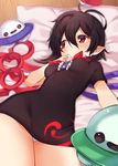  akagashi_hagane asymmetrical_wings black_dress black_hair blush breasts dress dutch_angle finger_to_mouth houjuu_nue legs_together looking_to_the_side lying microdress nail_polish on_back on_bed panties pantyshot pillow pointy_ears red_eyes short_hair short_sleeves small_breasts solo touhou ufo underwear white_panties wings 