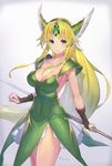  blonde_hair blue_eyes blush breasts cleavage collarbone covered_navel cowboy_shot dress forehead_jewel gradient gradient_background green_dress helmet highres holding holding_weapon large_breasts long_hair looking_at_viewer low-tied_long_hair nadare-san_(nadare3nwm) pauldrons polearm riesz seiken_densetsu seiken_densetsu_3 sidelocks signature smile solo very_long_hair weapon wrist_guards 