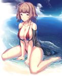  ahoge bangs beach between_legs bikini blue_sky blush breasts brown_eyes brown_hair cardigan cleavage cloud cloudy_sky collarbone day dev eyebrows_visible_through_hair hand_between_legs highres large_breasts looking_at_viewer nail_polish navel ocean open_cardigan open_clothes original outdoors parted_lips purple_nails red_bikini sitting sky solo_focus swimsuit thighs toenail_polish wariza wet wet_clothes 