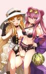  2girls ;d arknights bangs bare_shoulders bikini black_bikini black_gloves black_shorts blonde_hair breasts brown_eyes cleavage closed_mouth ears_through_headwear elbow_gloves eyebrows_visible_through_hair food fruit gloves green_eyes hair_between_eyes haku_(grimjin) hand_on_another&#039;s_shoulder hand_up hat highres jacket lin_yuhsia_(arknights) long_hair medium_breasts multiple_girls navel net off_shoulder one_eye_closed open_clothes open_fly open_shorts parted_bangs partially_fingerless_gloves pink_background purple_hair purple_jacket see-through short_shorts shorts simple_background smile standing standing_on_one_leg sun_hat swimsuit swire_(arknights) very_long_hair w watermelon white_headwear 