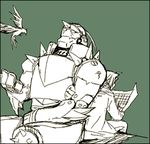  alphonse_elric armor back-to-back bird brothers edward_elric fullmetal_alchemist kakuu lowres male_focus multiple_boys reading siblings 