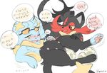  blush bow_tie duo egg english_text female hexeix litten multi_nipple nintendo nipples oviposition paws pok&eacute;mon pussy scarf shinx speech_bubble teats text video_games 