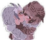  blush commentary_request couple eurasian_eagle_owl_(kemono_friends) feathers fur_collar kemono_friends kiss looking_at_viewer mitsumoto_jouji multiple_girls northern_white-faced_owl_(kemono_friends) yuri 