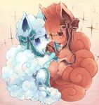  alolan_vulpix bad_id bad_pixiv_id blue_bow blue_eyes blush bow brown_bow brown_eyes commentary_request eye_contact frilled_bow frills full_body gradient gradient_background kuronekotarou looking_at_another mouth_hold no_humans paws pokemon pokemon_(creature) sparkle tareme vulpix yellow_background 