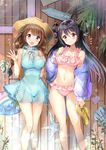  :d :o bangs bare_shoulders bikini black_hair blush braid breasts brown_eyes brown_hair collarbone commentary_request dress eyebrows_visible_through_hair frilled_bikini frills green_dress hair_between_eyes hair_rings hand_up hat hayama_eishi holding jacket leaf legs_apart legs_together long_hair long_sleeves medium_breasts multiple_girls off_shoulder open_clothes open_jacket open_mouth original palm_tree pink_bikini plant purple_jacket short_dress sleeveless sleeveless_dress slippers smile spread_fingers standing swimsuit tree twin_braids waving 