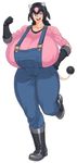  :d animal_humanoid big_breasts black_hair blue_eyes boots bovine braided_hair breasts clothing covered_nipples cow_humanoid denim female footwear gloves hair hand_on_hip horn huge_breasts humanoid hyper hyper_breasts mammal miltank nintendo open_mouth overalls pink_shirt pok&eacute;mon space_jin teeth thick_thighs tongue video_games 