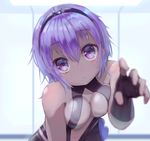  :o bare_shoulders black_gloves blush breasts cleavage dark_skin fate/grand_order fate/prototype fate/prototype:_fragments_of_blue_and_silver fate_(series) fingerless_gloves gloves hair_between_eyes hassan_of_serenity_(fate) looking_at_viewer medium_breasts open_mouth p_answer purple_eyes purple_hair short_hair solo 
