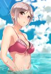  bikini blue_sky blurry blush breasts brown_eyes cloud cloudy_sky day depth_of_field eyebrows_visible_through_hair front-tie_bikini front-tie_top grey_hair highres light_rays looking_at_viewer medium_breasts murabito_c navel original outdoors parted_lips partially_submerged pink_bikini short_hair sidelocks sky solo sunbeam sunlight swimsuit upper_body 