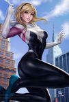  ass blonde_hair bodysuit building city freckles gwen_stacy hairband highres hood looking_at_viewer marvel midair realistic sciamano240 short_hair smile solo spandex spider-gwen spider-man_(series) superhero twisted_torso 