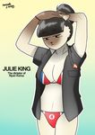  2017 bikini black_nose breasts cat clothed clothing dictator feline female front_view fur julie_king kenneth_j_wing mammal north_korea panties simple_background solo standing swimsuit text underwear uniform 