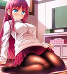  arm_support bad_id bad_pixiv_id bangs black_legwear blue_eyes blush box breasts c: cabinet carpet closed_mouth commentary_request covered_nipples day eyebrows_visible_through_hair higa indoors large_breasts leaning_back long_hair looking_at_viewer on_floor original pantyhose pleated_skirt purple_hair red_skirt ribbed_sweater sitting skirt skirt_hold smile solo straight_hair sweater television wariza white_sweater window 