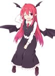 ;d akagashi_hagane arm_behind_head arm_up bat_wings black_skirt fang frills full_body head_wings koakuma long_hair long_skirt long_sleeves looking_at_viewer necktie one_eye_closed open_mouth pointy_ears red_eyes red_hair shoes simple_background skirt skirt_set smile solo touhou vest white_background wings 