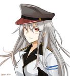  black_gloves breasts epaulettes facial_scar gangut_(kantai_collection) gloves grey_hair hair_between_eyes hat highres jacket kantai_collection large_breasts long_hair long_sleeves looking_at_viewer military military_hat military_jacket military_uniform oktyabrskaya_revolyutsiya_(kantai_collection) pei_chi red_eyes scar scar_on_cheek simple_background solo twitter_username uniform white_background 