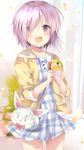  bag commentary_request crepe dress fate/grand_order fate_(series) food food_wrapper fou_(fate/grand_order) hair_over_one_eye mash_kyrielight open_mouth plaid plaid_dress pon_(ponidrop) purple_eyes purple_hair revision short_hair smile solo 