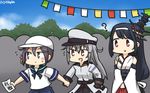  :&gt; :d ? akebono_(kantai_collection) baseball_cap bell belt black_hair blush brown_eyes commentary dated detached_sleeves flower fusou_(kantai_collection) gangut_(kantai_collection) gloves grey_hair hair_bell hair_flower hair_ornament hamu_koutarou hat highres holding_hands jingle_bell kantai_collection long_hair low-tied_long_hair multiple_girls neck_ribbon open_mouth purple_eyes purple_hair red_eyes remodel_(kantai_collection) ribbon sailor_collar school_uniform serafuku side_ponytail smile string_of_flags translated v-shaped_eyebrows v_arms 