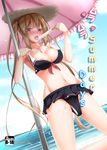  adapted_costume areola_slip areolae bangs bare_arms bare_shoulders beach_umbrella bikini_skirt blue_sky blush breasts brown_hair brown_hat cleavage collarbone commentary_request cover cover_page day dildo_under_panties doujin_cover dutch_angle food food_on_body from_below front-tie_bikini front-tie_top full-face_blush hair_ribbon hat holding holding_food horizon kantai_collection large_breasts legs_apart long_hair looking_at_viewer looking_down masturbation melting murasame_(kantai_collection) narukami_ginryuu object_insertion ocean open_mouth outdoors pleated_skirt popsicle pulled_by_self pussy_juice rating red_eyes red_ribbon ribbon sex_toy skirt sky solo standing strap_pull straw_hat tongue tongue_out twintails umbrella vaginal vaginal_object_insertion very_long_hair vibrator water 