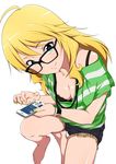 ahoge barefoot black-framed_eyewear blonde_hair breasts cellphone cleavage commentary_request glasses green_eyes green_nails hoshii_miki idolmaster idolmaster_(classic) jabara_tornado long_hair medium_breasts nail_polish phone shirt simple_background smartphone smile solo striped striped_shirt white_background 