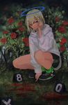  blonde_hair blood_on_ground crime_scene flower hair_ornament hairclip halo highres hood hood_down hoodie kanikumi_toi long_sleeves looking_at_viewer loose_socks number original oversized_clothes purple_eyes rose shoes short_hair sneakers socks solo sportswear squatting 