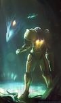  arm_cannon armor chromatic_aberration from_behind full_armor full_body glowing glowing_eyes highres jetpack light_rays looking_at_another metroid power_armor power_suit rhexfiremind ridley samus_aran sharp_teeth shoulder_pads standing teeth varia_suit weapon 