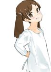  breasts bright_pupils brown_eyes brown_hair clothing_request co_botan commentary_request dot_nose eyebrows_visible_through_hair grin head_tilt highres kantai_collection light_blush long_sleeves looking_at_viewer medium_hair ryuujou_(kantai_collection) short_twintails sketch_eyebrows small_breasts smile solo twintails upper_body 