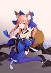  animal_ears blue_legwear breasts cleavage collarbone detached_sleeves fate/extra fate/extra_ccc fate/grand_order fate_(series) fox_ears fox_tail hair_ribbon highres japanese_clothes large_breasts long_hair looking_at_viewer pink_hair ribbon sitting solo tail tamamo_(fate)_(all) tamamo_no_mae_(fate) yellow_eyes yingji_(zszero) 