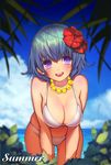  :d ass_visible_through_thighs bangs bare_shoulders bead_necklace beads bent_over bikini blue_hair blue_sky blush breasts bush cleavage cloud cloudy_sky collarbone commentary cowboy_shot day english english_commentary flower fujoshi_kusako gradient gradient_hair green_hair hair_between_eyes hair_flower hair_ornament hands_on_own_knees hibiscus jewelry large_breasts leaning_forward looking_at_viewer midriff mole mole_under_eye multicolored_hair navel necklace open_mouth original outdoors plant purple_eyes red_flower short_hair sky smile solo strap_gap swimsuit teeth upper_teeth white_bikini 