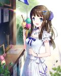 black_hair blue_eyes breasts commentary_request dress food ice_cream jewelry long_hair medium_breasts necklace open_mouth original rainbow smile solo soriya summer sunlight white_dress 