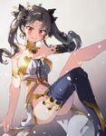  armlet bare_shoulders black_hair black_ribbon blush breasts chibirisu cleavage crown detached_sleeves earrings fate/grand_order fate_(series) floating_hair gradient gradient_background hair_ribbon hand_in_hair highres hoop_earrings ishtar_(fate/grand_order) jewelry leg_up long_hair long_legs medium_breasts midriff navel parted_lips red_eyes ribbon single_sleeve single_thighhigh sitting solo sweat thighhighs two_side_up 