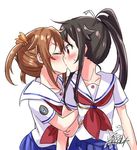  2girls black_hair blush brown_hair gleision_adain high_school_fleet kiss misaki_akeno multiple_girls munetani_mashiro ponytail red_eyes school_uniform twintails yuri 