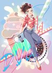  alternate_costume artist_name behind_back belt blue_background blue_pants breasts brown_eyes brown_hair buttons character_name checkered checkered_shirt cleavage closed_mouth collared_shirt crop_top cruiser_d.va cupcake d.va_(overwatch) denim doughnut drinking_straw earrings food full_body hair_up head_scarf headphones highres holding hoop_earrings jeans jewelry looking_at_viewer medium_breasts midriff neck_ribbon oversized_object overwatch pants peyo_han pink_ribbon ponytail red_footwear red_shirt ribbon shirt shoes skateboard skateboard_behind_back sleeves_folded_up smile solo sprinkles stomach tied_shirt tight tight_pants white_belt white_ribbon 