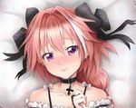  astolfo_(fate) blush braid choker chunyan close-up closed_mouth face fate/apocrypha fate/grand_order fate_(series) hair_ribbon long_hair looking_at_viewer male_focus otoko_no_ko pink_hair purple_eyes ribbon smile solo type-moon 