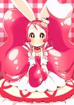  animal_ears blush bunny_ears cake_hair_ornament commentary_request cure_whip double_v earrings extra_ears food food_themed_hair_ornament fruit gloves hair_ornament highres holding holding_hair jewelry kirakira_precure_a_la_mode long_hair looking_at_viewer magical_girl meranoreuka_(pandapaca) pink_eyes pink_hair pink_neckwear plaid plaid_background precure smile solo strawberry twintails usami_ichika v white_gloves 