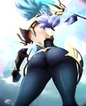  1girl absurdres ass back bare_back blue_hair bodysuit from_behind from_below highres hips huge_ass league_of_legends riven_(league_of_legends) solo sword wide_hips 