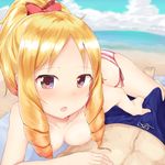  1boy 1girl barefoot blue_sky blush bow breasts bulge cloud collarbone day drill_hair eromanga_sensei hair_bow hetero lying nenosame_(nenosame5_) nipples on_back open_mouth outdoors ponytail pov pov_eye_contact red_bow side-tie_panties sky small_breasts solo_focus striped striped_panties swim_trunks toes twin_drills underwear yamada_elf 